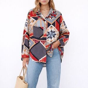 Boho Sterling & Stitch Work Patch Western Print Button Up Shirt Women Sz Medium